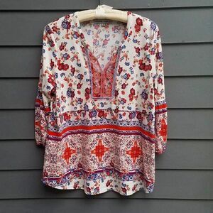 Absolutely Famous Orange Green Floral Peasant Top Size Medium